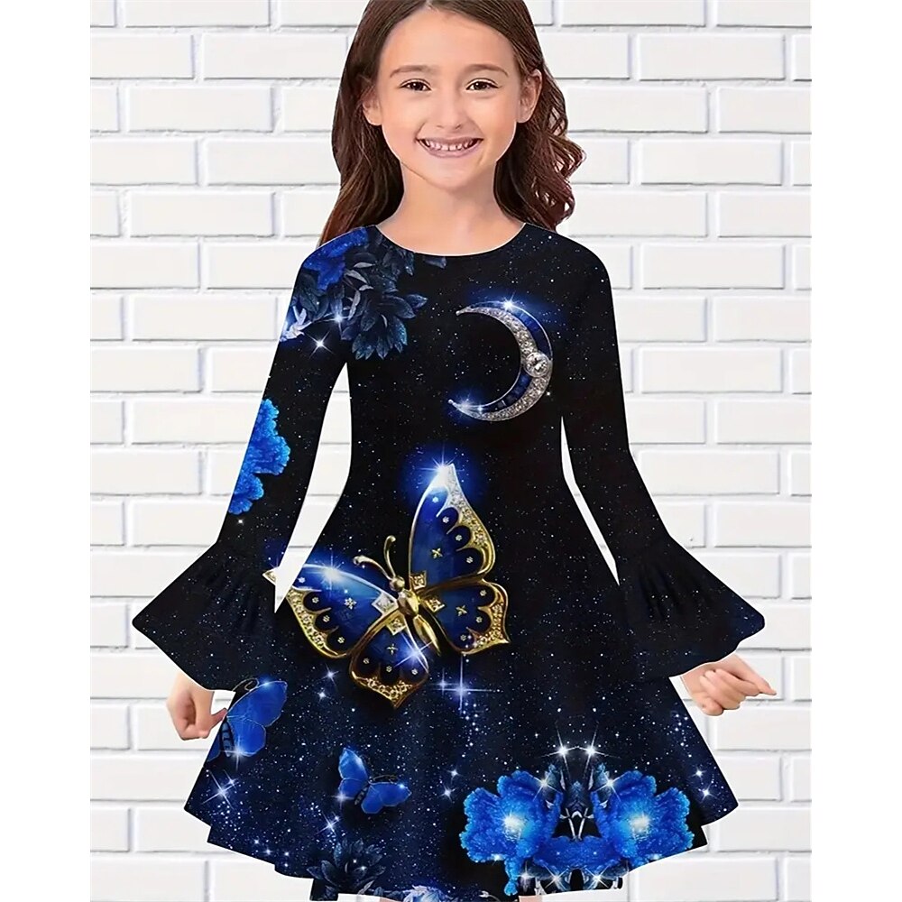 Mädchen' 3D Schmetterling Kleid Rüschenkleid Langarm Sommer Frühling Urlaub Täglich Ferien Schön Süß Kinder 4-12 Jahre Freizeitkleid Knielang Normale Passform Lightinthebox