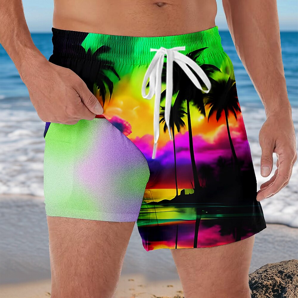 Herren Kokospalme Tropische Pflanzen Gefütterte Shorts 2 in 1 Badeshorts Badeshorts Mittlere Taille Hawaiianisch Urlaub Strandbekleidung Seitentaschen Mit Kompressionsfutter Elastischer Kordelzug in Lightinthebox