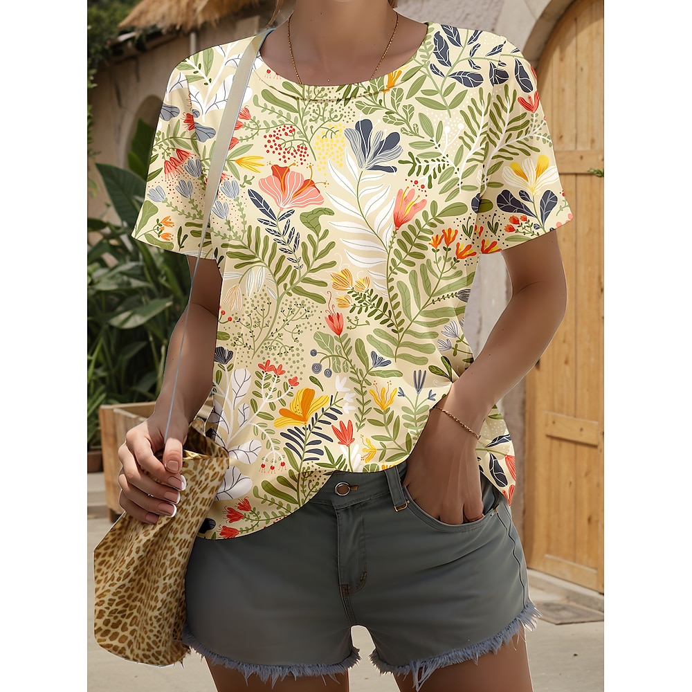 Damen T Shirt Blumen Graphic Farbblock Stilvoll Brautkleider schlicht Kurzarm Rundhalsausschnitt Normale Oberteile Täglich Wochenende Bedruckt Salbeigrün Sommer Frühling Lightinthebox