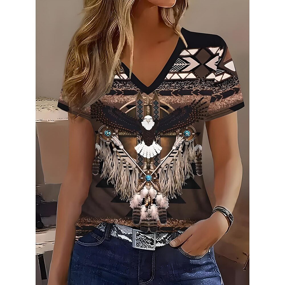 Damen T Shirt Grafik Geometrisch Vintage Ethnisch Lässig Kurzarm V Ausschnitt Normale Oberteile Täglich Wochenende Strandbekleidung Druck Braun Sommer Frühling Lightinthebox