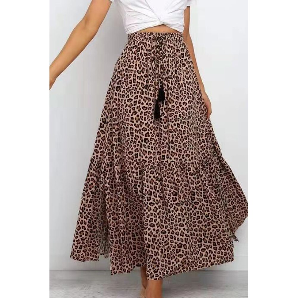Damen Rock Schwingend Lässig Maxi Hoher Bund Röcke Leopard Druck Mikroelastisch Urlaub Straße Braun Sommer Baumwolle Lightinthebox