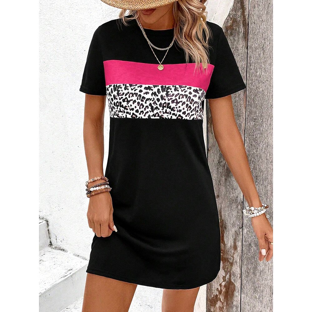 Damen Minikleid T-Shirt Kleid Teekleid Etuikleid Sommerkleid Leopard formelle Arbeit Regular Fit Rundhalsausschnitt Schwarz Lightinthebox
