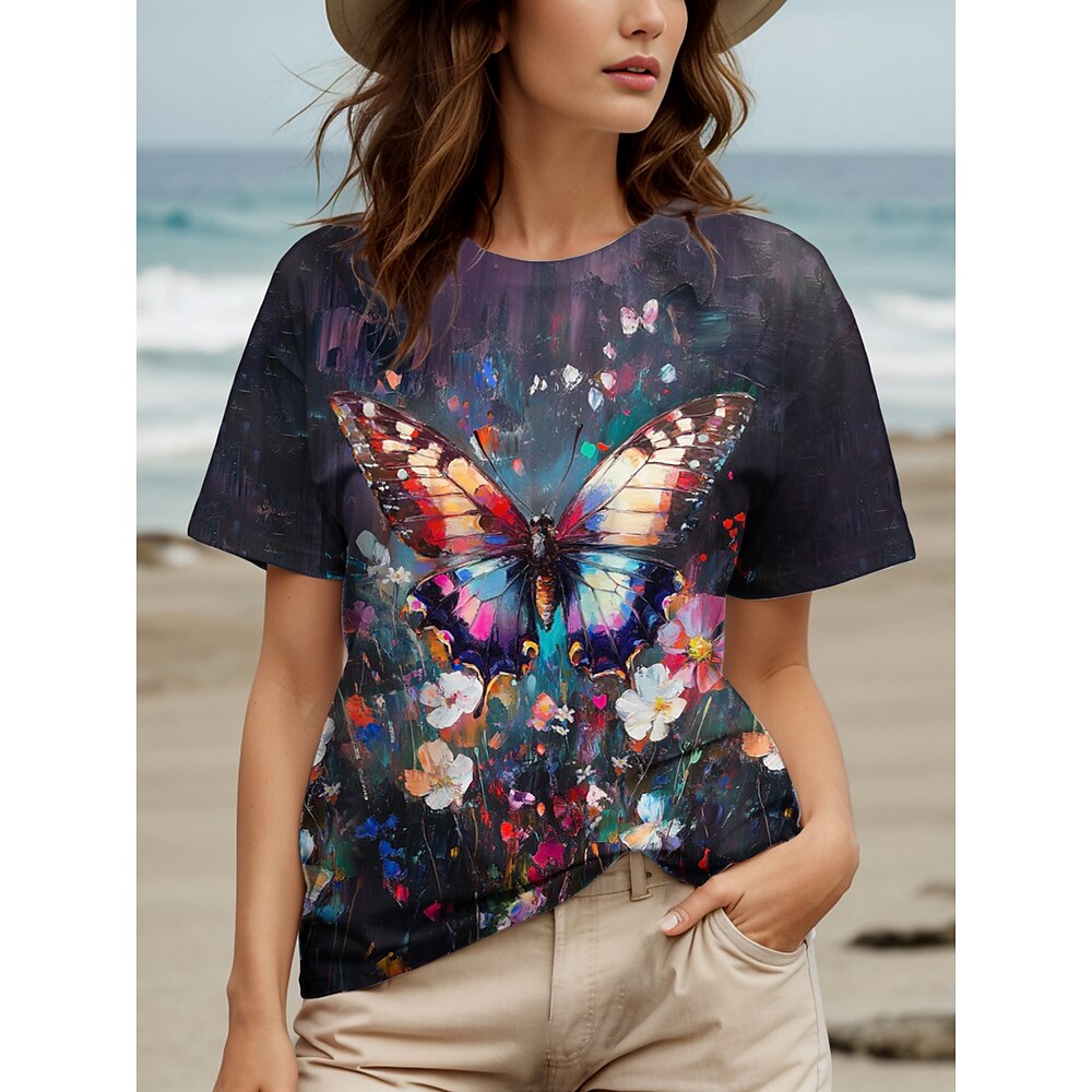 Damen T Shirt Blumen Grafik Schmetterling Stilvoll Lässig Kurzarm Rundhals Normale Oberteile Täglich Wochenende Druck Regenbogen Sommer Frühling Lightinthebox