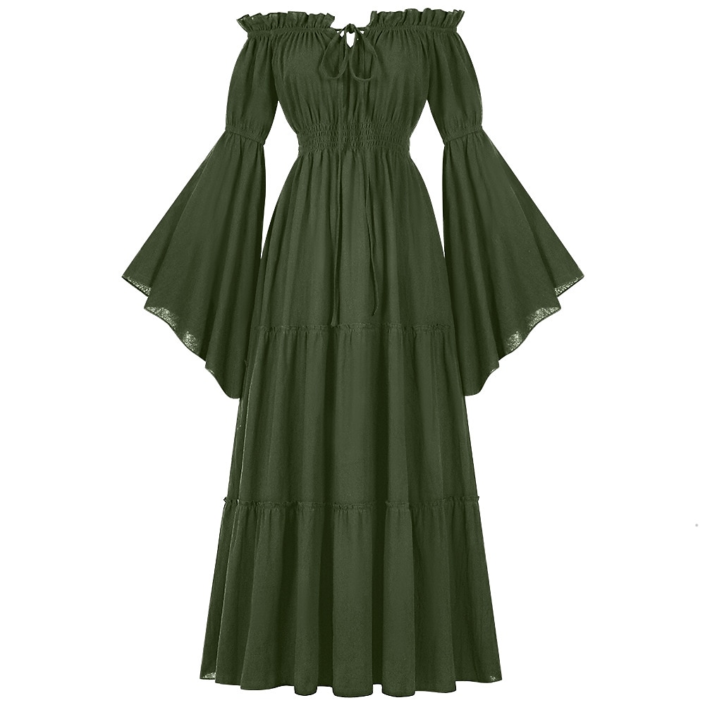 Retro Vintage Mittelalterlich Renaissance Midlänge Kleid Glockenärmel Wikinger Keltischer Ritter Elfen Schulterfrei Regentschaft inspiriert Damen Keltisch Fantasie Halloween Karneval Urlaub Party Lightinthebox