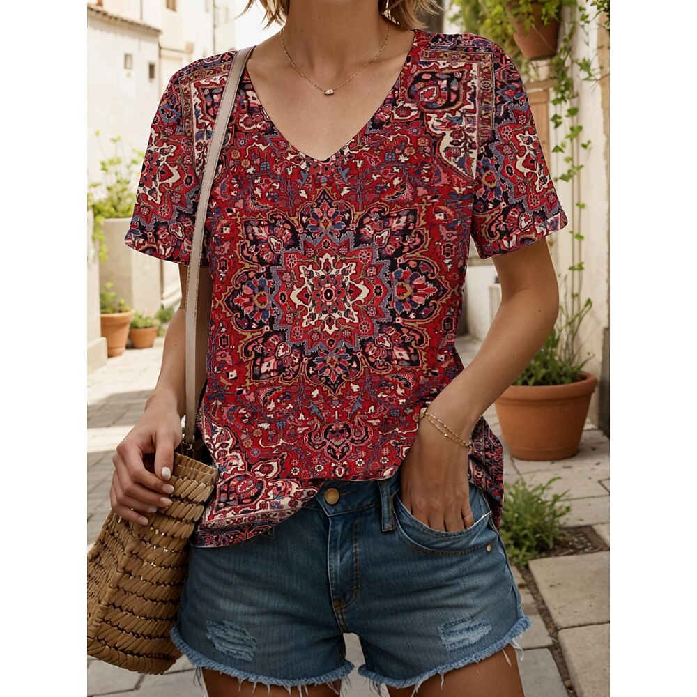 Damen T Shirt Grafik Stilvoll Lässig Boho Kurzarm Rundhalsausschnitt Normale Oberteile Täglich Druck Rote Sommer Frühling Lightinthebox