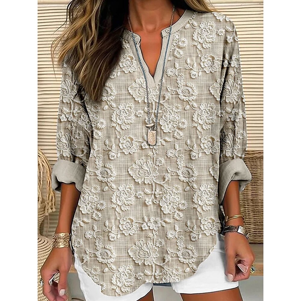 Damen Hemd Blumen Grafik Vintage Tropisch Hawaiianisch Langarm V Ausschnitt Normale Oberteile Täglich Ferien Strandbekleidung Druck Weiß Gelb Rosa Blau Khaki Sommer Frühling Lightinthebox