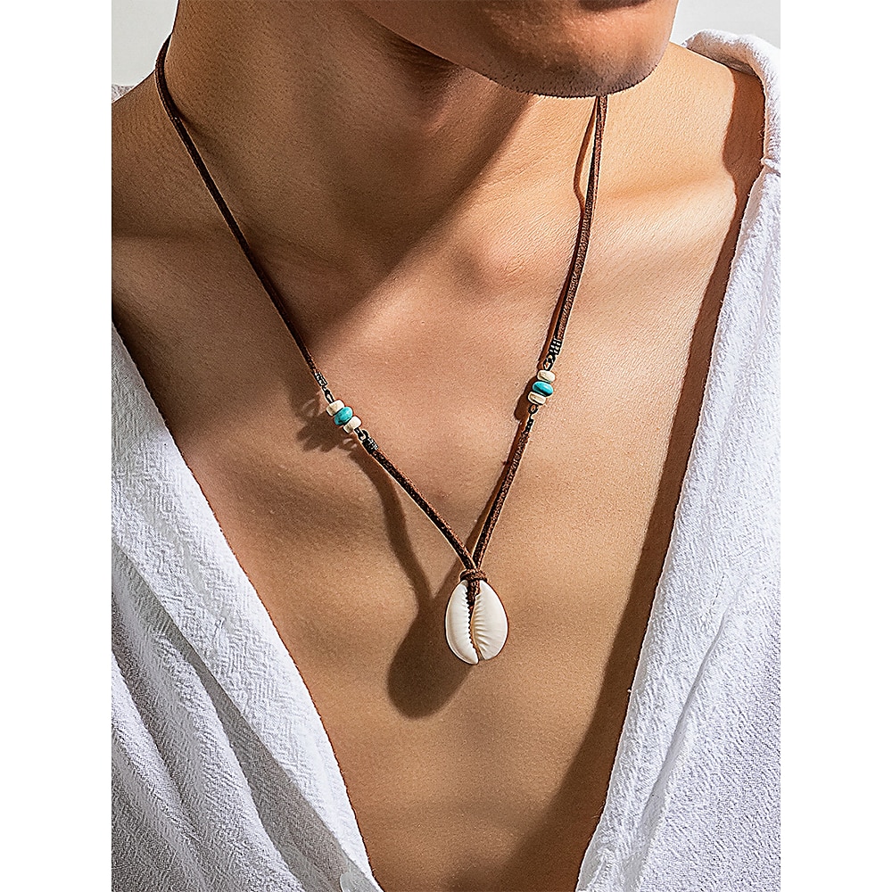 Boho-Halskette aus Kauri-Muschel für Herren - handgefertigter Anhänger aus Lederband mit Perlen, Strandsurfer-Stil, verstellbares Tribal-Halsband für den Sommer, Reisen und die Freizeit Lightinthebox