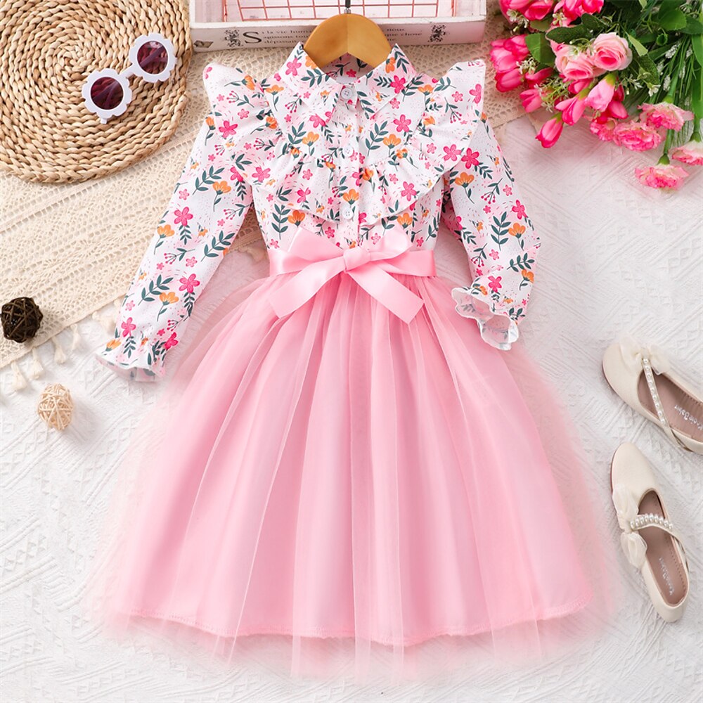 kinderkleidung Mädchen Kleid Blume Langarm Outdoor Casual Krawattenknoten Modisch bezaubernd Polyester Knielang Casual kleid A Linie Kleid Sommer 4 Jahre Rosa Rote Braun Lightinthebox