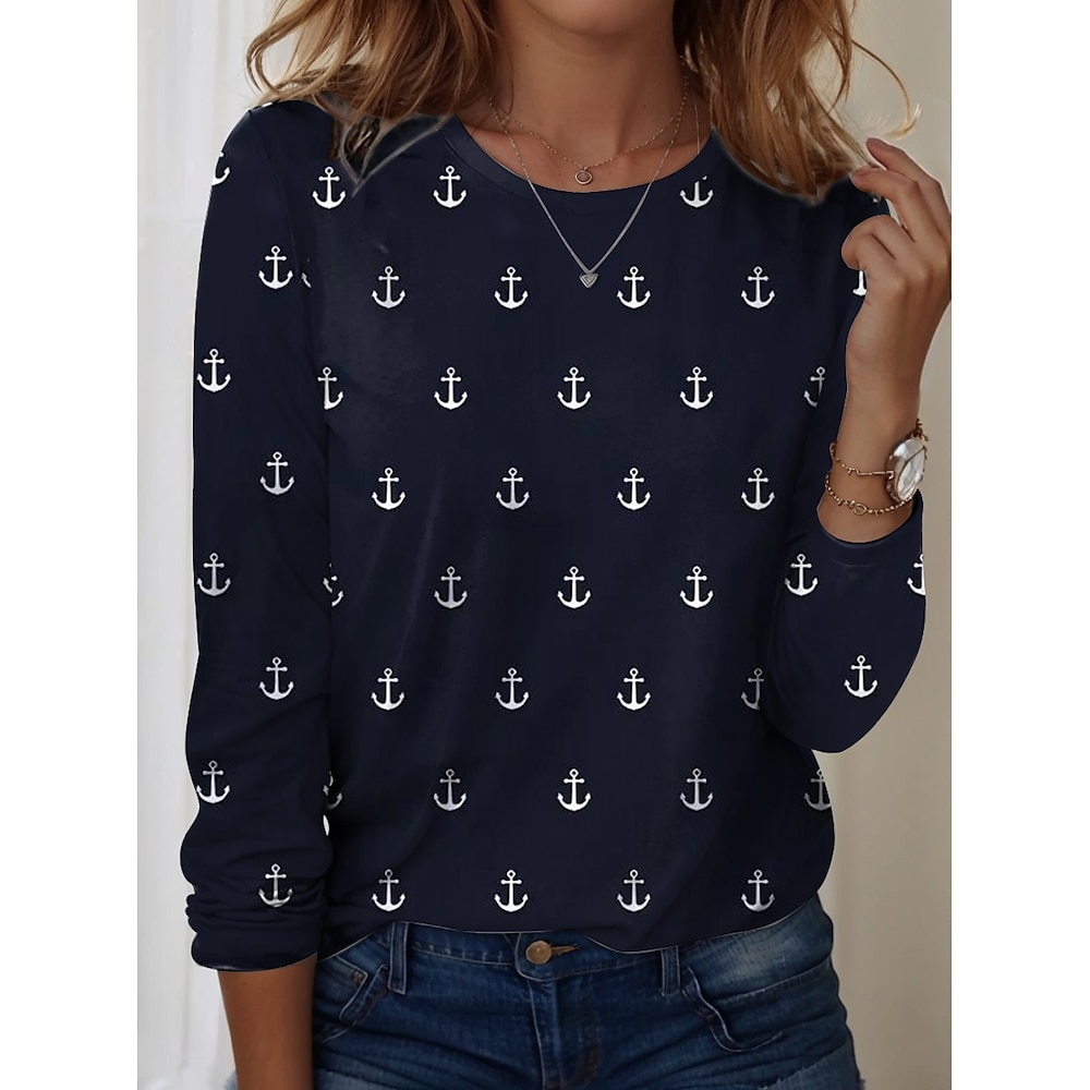 Damen T-Shirt Ozean Elegant Lässig Lange Ärmel Rundhals Regelmäßige Tops Alltag Ausgehen Strandbekleidung Druck Weiß Marineblau Sommer Frühling Lightinthebox