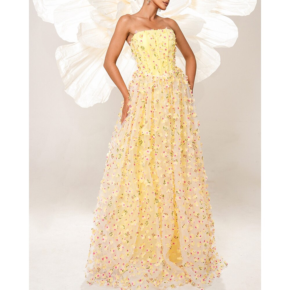 A-Linien-Ballkleider, elegantes Kleid, formelle Hochzeit, bodenlang, ärmellos, schulterfrei, Tüll mit floralen Spitzenapplikationen, Frühling 2025 Lightinthebox