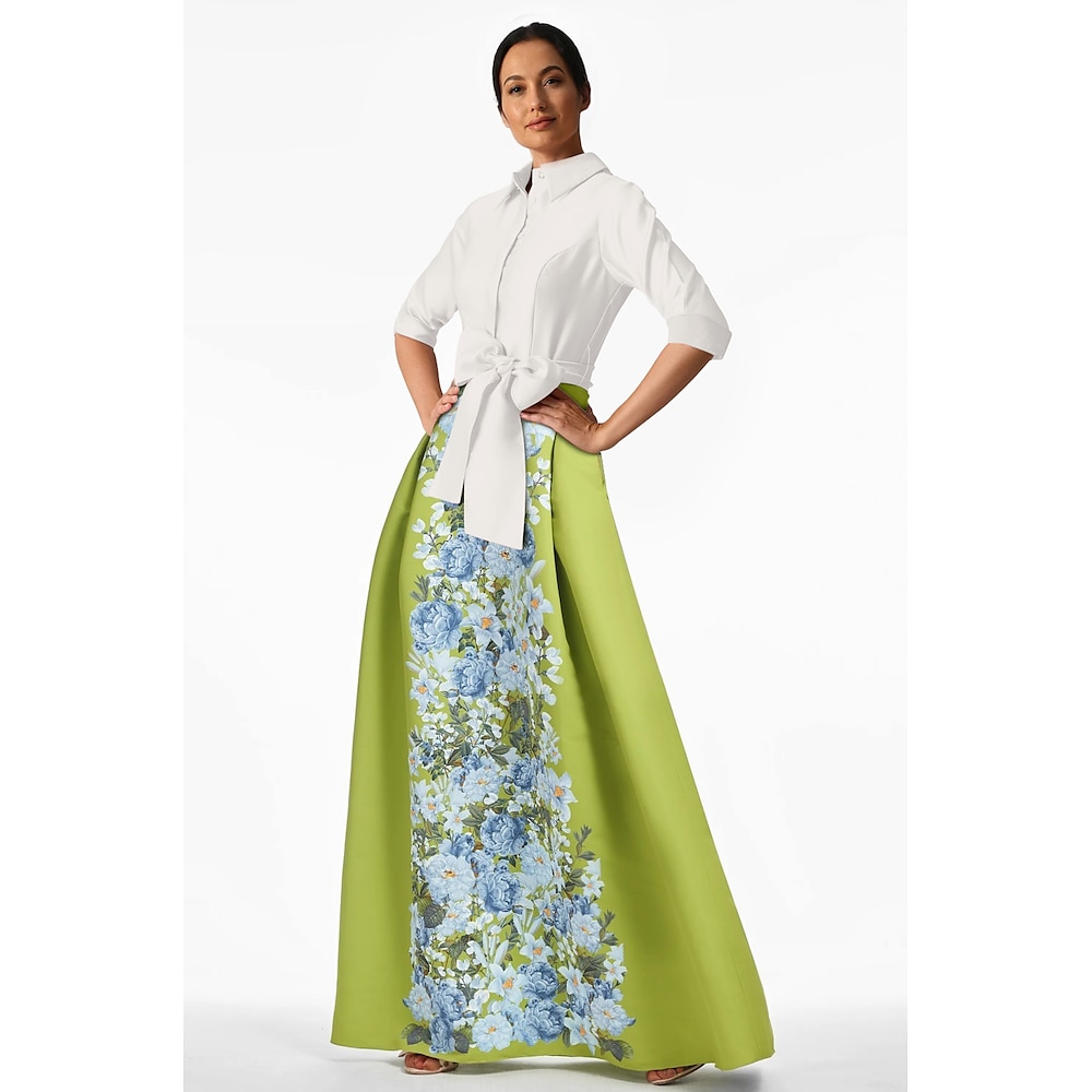 grünes A-Linien-Abendkleid mit Blumenmuster, elegantes Kleid für formelle Hochzeiten, bodenlang, 3/4-Ärmel, Hemdkragen, Tasche, Satin 2025 Lightinthebox