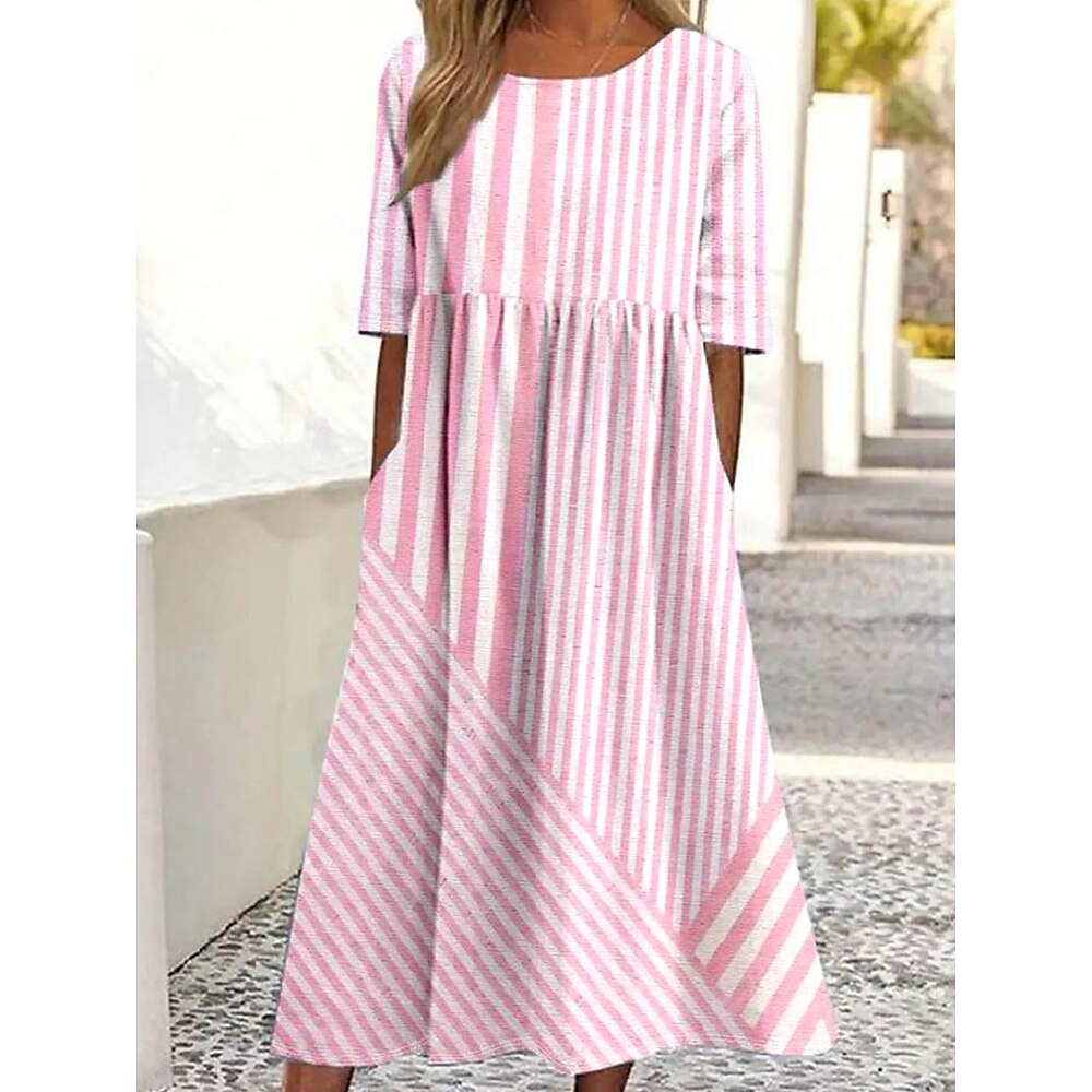 Damen Midikleid Sommerkleid Urlaub Lässig Strand Täglich Ferien Teegesellschaft Lässiger Schnitt Grafik Gestreift Halbarm Rundhalsausschnitt Rosa Blau Purpur Sommer Lightinthebox