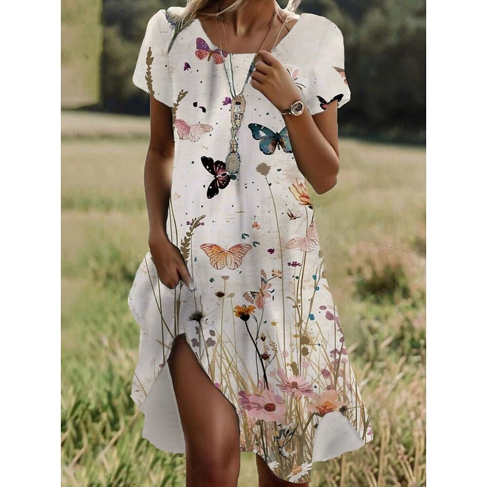 Damen Minikleid Freizeitkleid T-Shirt-Kleid Sommerkleid A Linie Kleid Stilvoll Lässig Strand Normale Passform Blumen Grafik Schmetterling Kurzarm Rundhalsausschnitt Weiß Sommer Frühling Lightinthebox