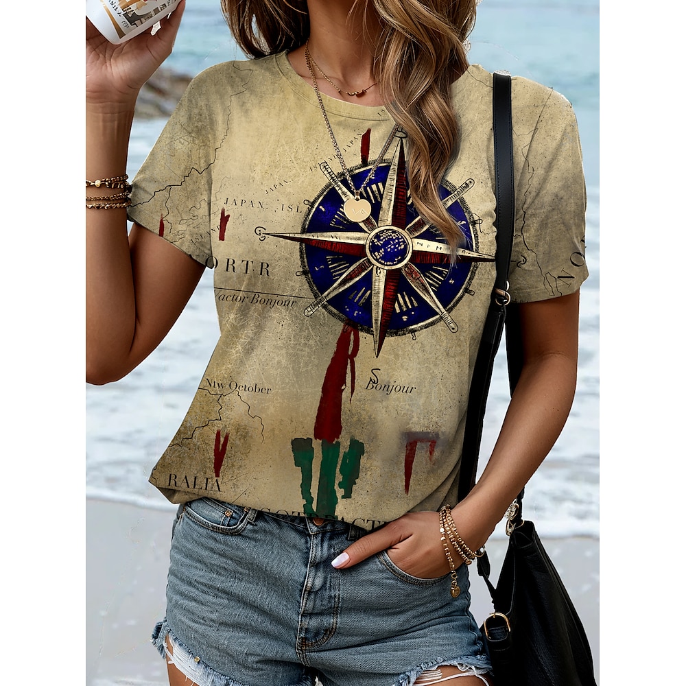 Damen T Shirt Grafik Anker Lässig Trendy Kurzarm Rundhals Normale Oberteile Täglich Druck Khaki Sommer Lightinthebox