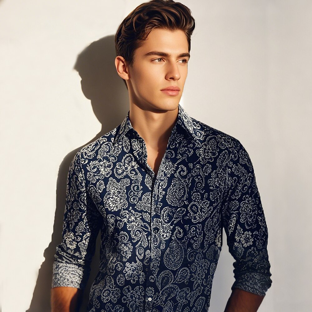 Herren Hemd Marineblau Langarm Blumen Grafik Gerollter Kragen Outdoor Lässig Knöpfe Bekleidung Täglich Alltagstauglich Freizeit Lightinthebox