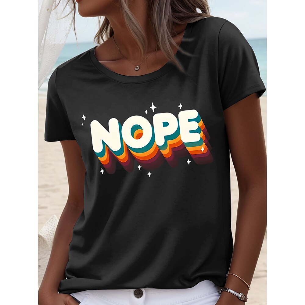 Damen T Shirt Grafik Buchstabe Lässig Kurzarm Rundhals Normale Oberteile Täglich Druck Schwarz Weiß Rosa Sommer Frühling NOPE Lightinthebox