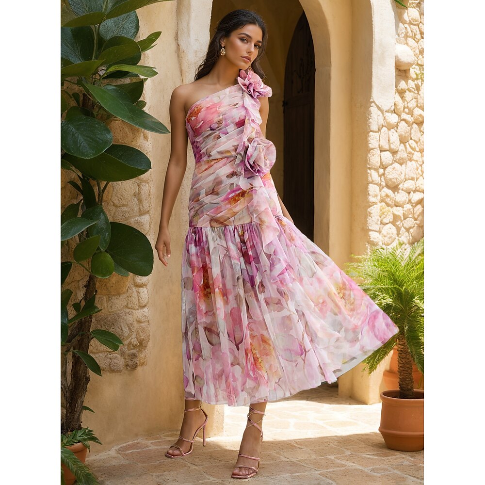 A-Linie Cocktailkleider Elegant Kleid Formell Hochzeit Tee-Länge Ärmellos Ein-Schulter Rosa Kleid Organza mit Blumenmuster Falten Gerafft 2025 Lightinthebox