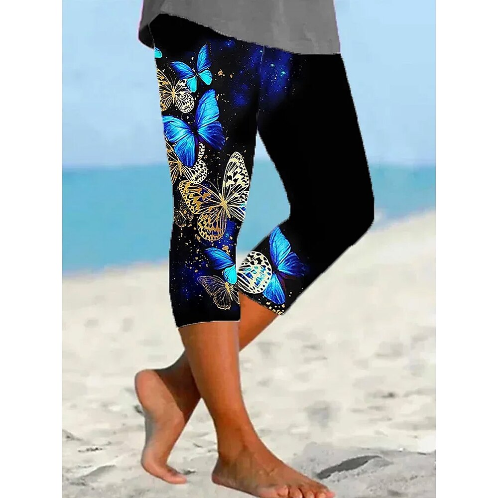 Damen Leggings Urlaub Mode Hawaiianisch Wadenlang Mittlere Taille Grafik Schmetterling Drucken Atmungsaktiv Weich Mikroelastisch Urlaub Lässig Täglich Schwarz Sommer Frühling Normale Passform Lightinthebox