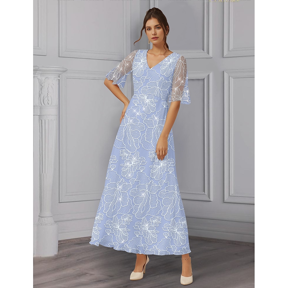 blau-gelbes, perlenbesetztes A-Linien-Kleid für die Mutter der Braut, elegantes Vintage-Kleid mit V-Ausschnitt, knöchellang, Tüll, kurze Ärmel, mit Stickapplikationen, Blumen 2025 Lightinthebox