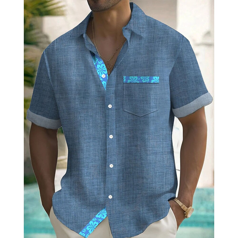 Herren Hemd Sommerhemd Freizeithemd Strandhemd Knopfhemd Blau Dunkelgray Kurzarm Blumendruck Hemdkragen Urlaub Hawaiianisch Bekleidung Polyester Mode Lässig Bequem Lightinthebox