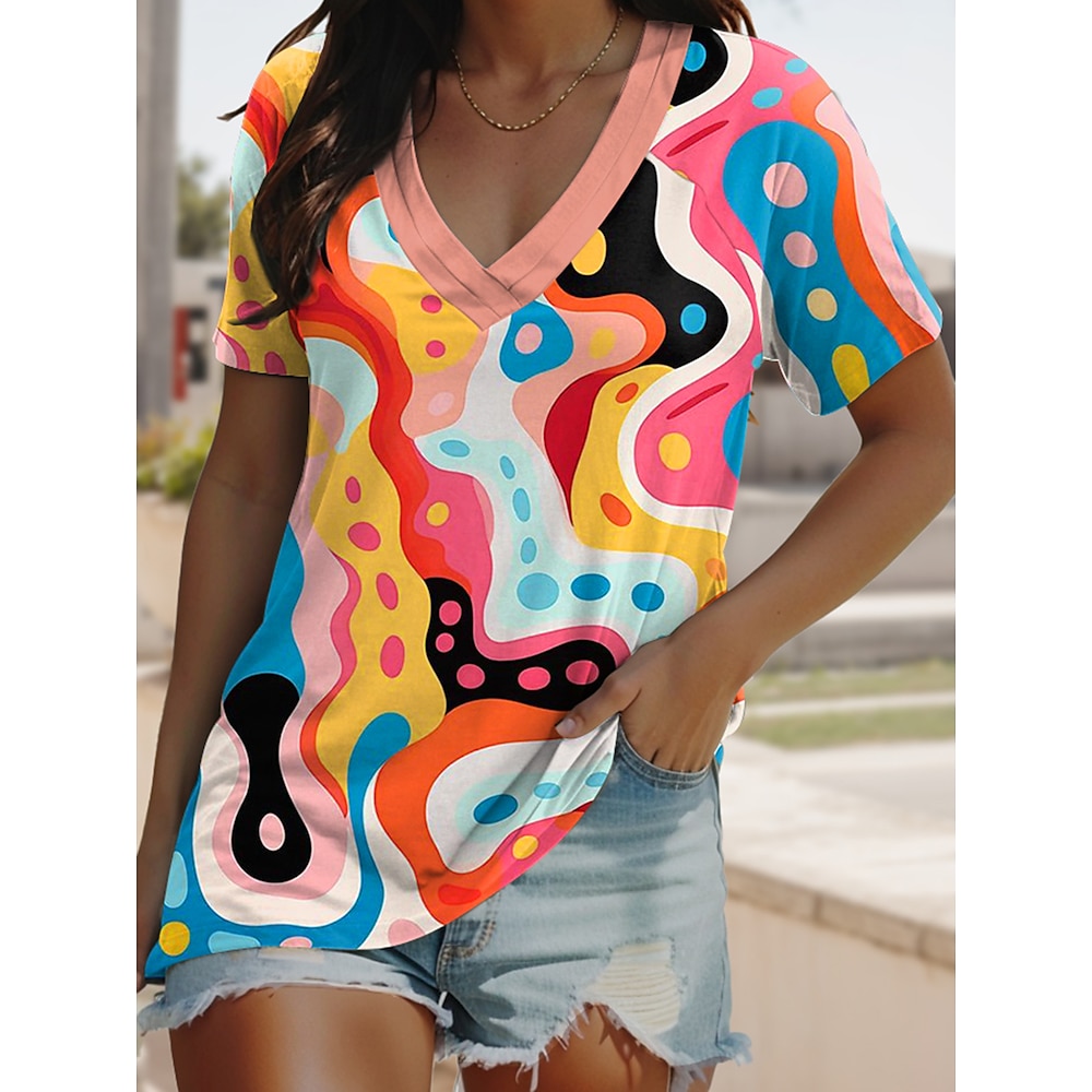 Damen T Shirt Geometrisch Brautkleider schlicht Kurzarm V Ausschnitt Normale Oberteile Täglich Bedruckt Regenbogen Sommer Lightinthebox