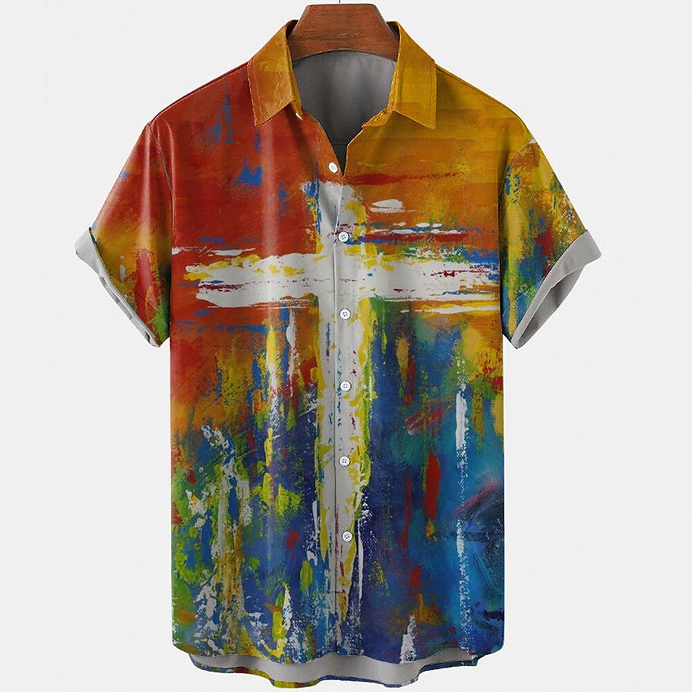 Ostern Herren Templer Kreuz Hemd Freizeithemd Knopfhemd Kurzarm Vintage-Retro Urlaub Ferien Festival Sommer Frühling Umlegekragen 3D-Druck Hemden mit Kragen Rote Blau Orange Lightinthebox