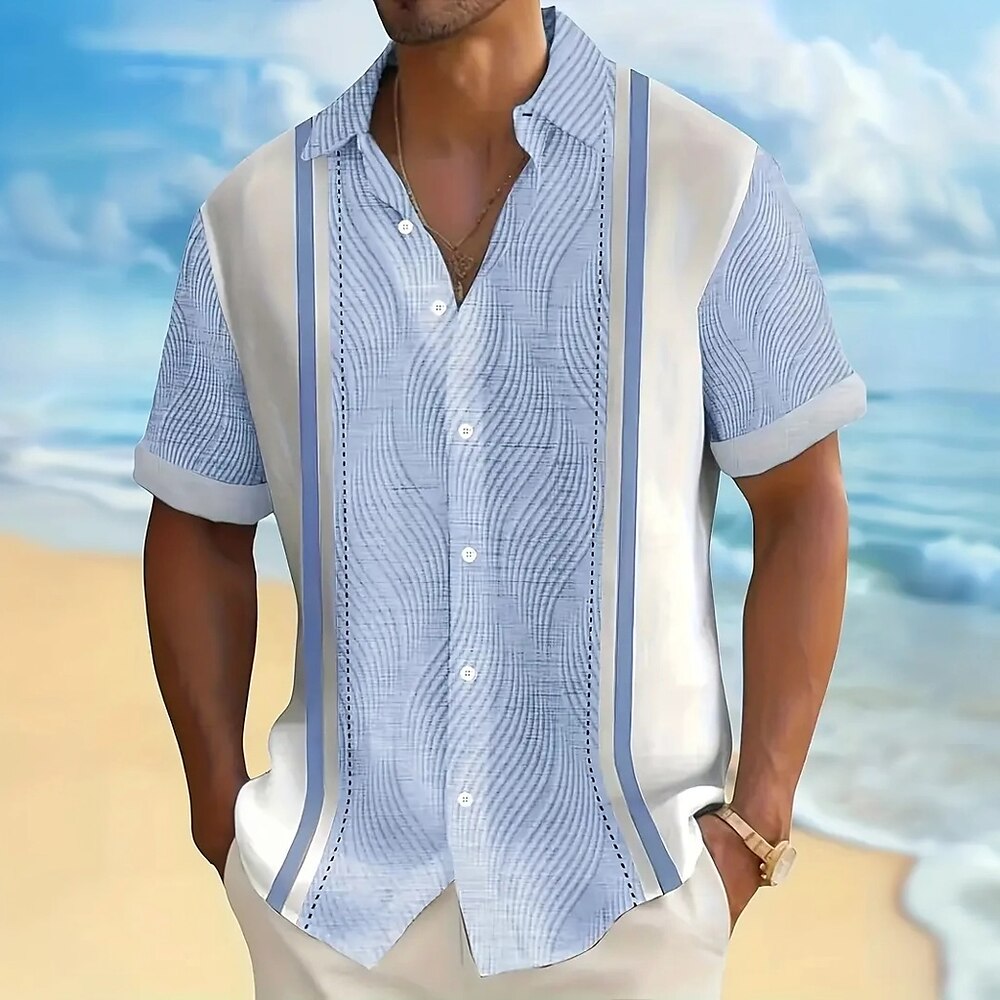 Herren Geometrisch Gestreift Hemd Freizeithemd Knopfhemd Kurzarm Modisch lässig Outdoor Urlaub Ferien Sommer Frühling Umlegekragen 3D-Druck Hemden mit Kragen Hellblau Rosa Khaki Dunkelblau Lightinthebox