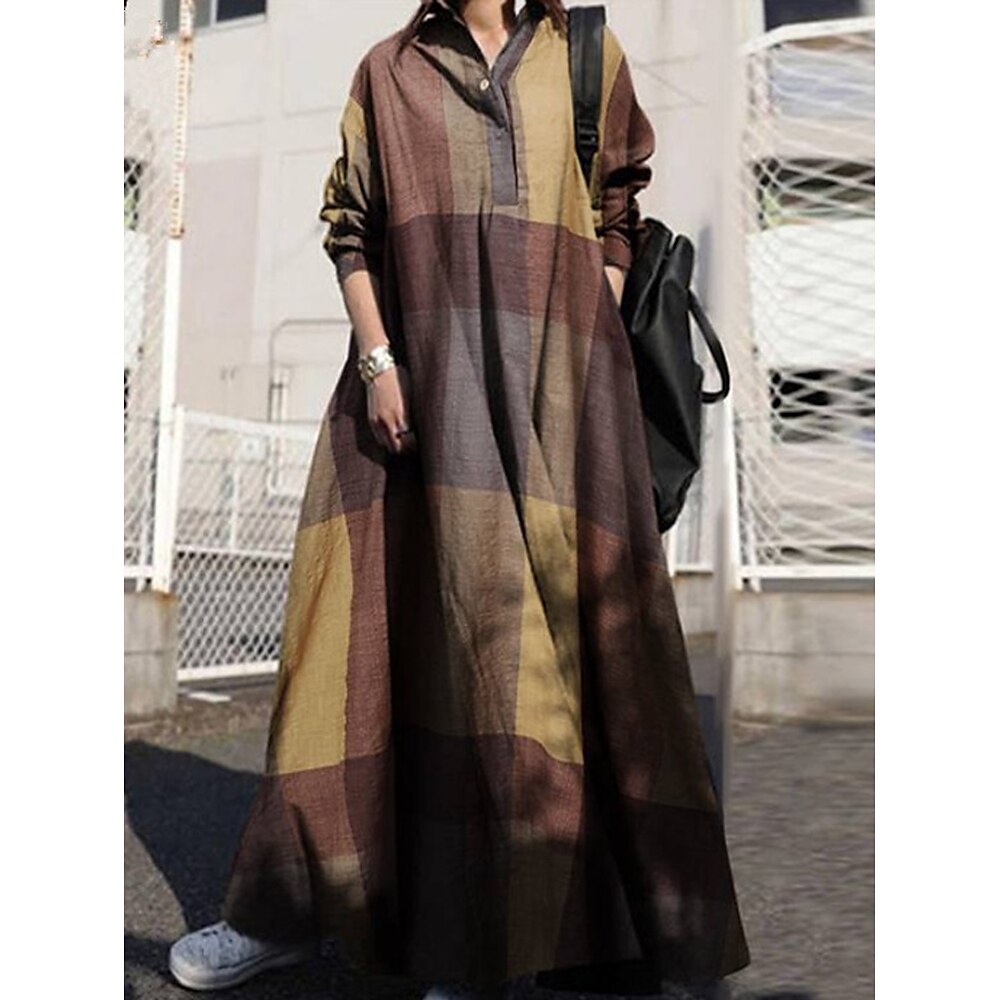 Damen Langes Kleid Maxikleid Kariertes Kleid Hemdblusenkleid Freizeitkleid Baumwoll-Leinenkleid Elegant Täglich Lässiger Schnitt Karomuster Langarm Hemdkragen Gelb Rote Blau Sommer Frühling Herbst Lightinthebox