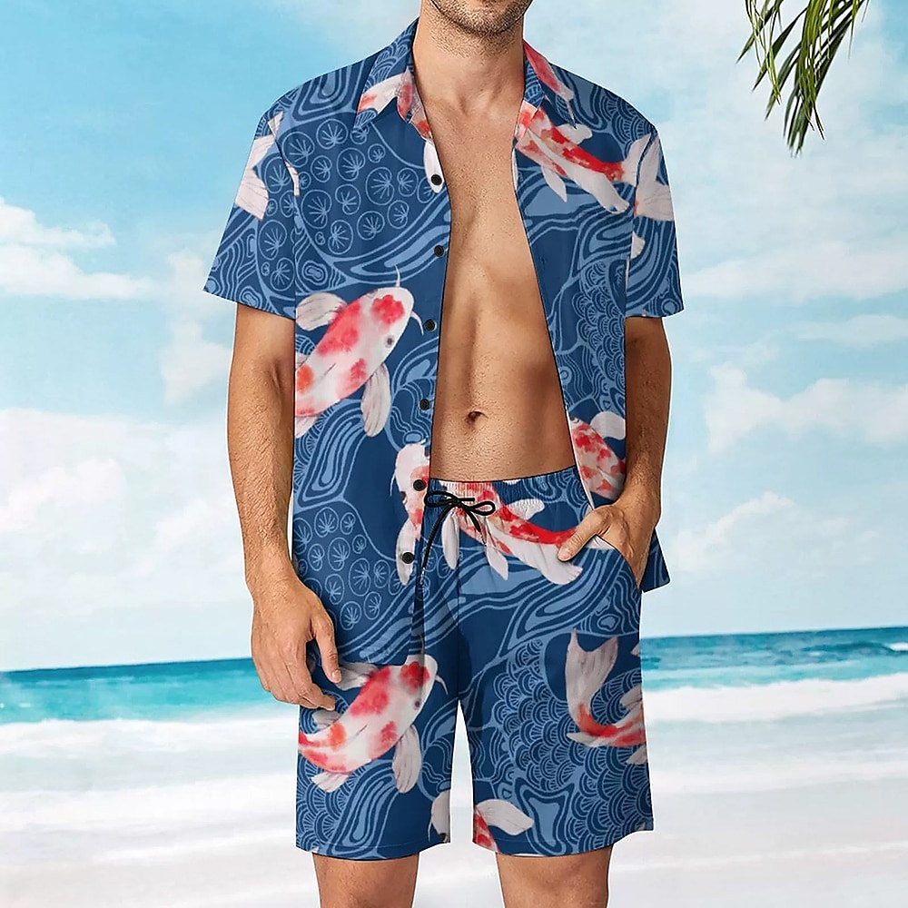 Herren Karpfen 2St Hawaiihemd Sommerhemd Kurzarm Kurze Hosen Hemden-Sets Umlegekragen Urlaub Brautkleider schlicht Casual Täglich Strandurlaub 3D-Druck Rubinrot Lightinthebox