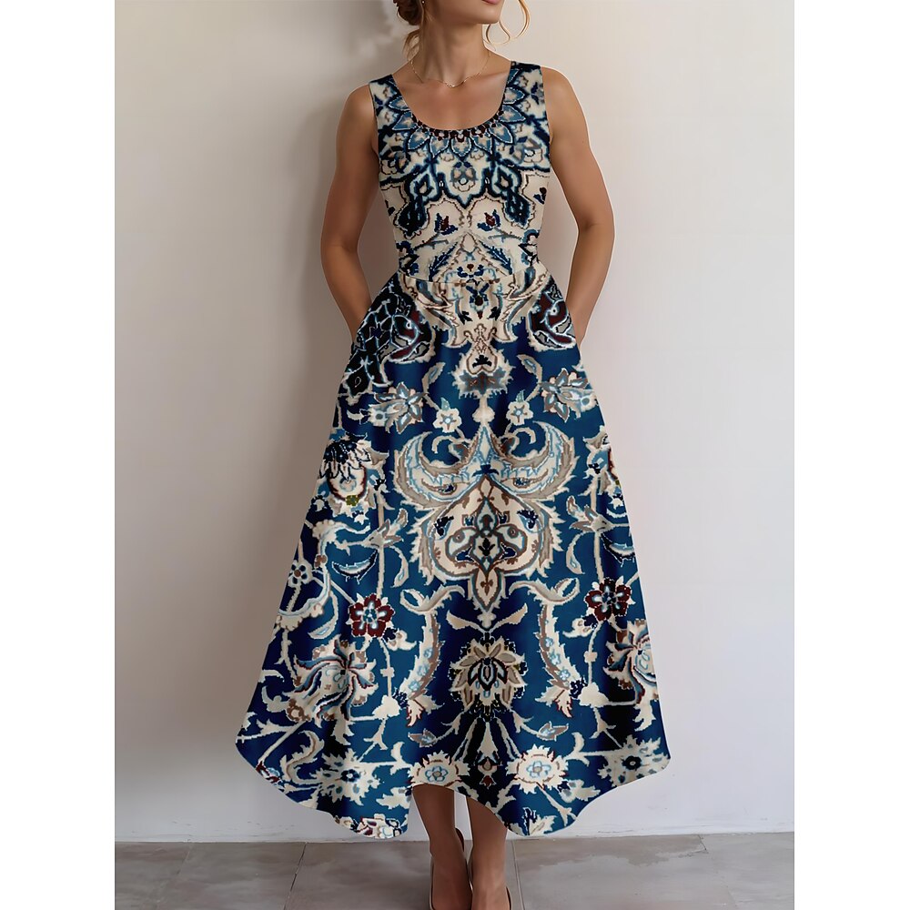 Damen Midikleid Sommerkleid A Linie Kleid Rückenfreies Kleid Urlaub Lässig Ausgehen Standard Passform Grafik Paisley-Muster Ärmellos U-Ausschnitt Marineblau Sommer Lightinthebox