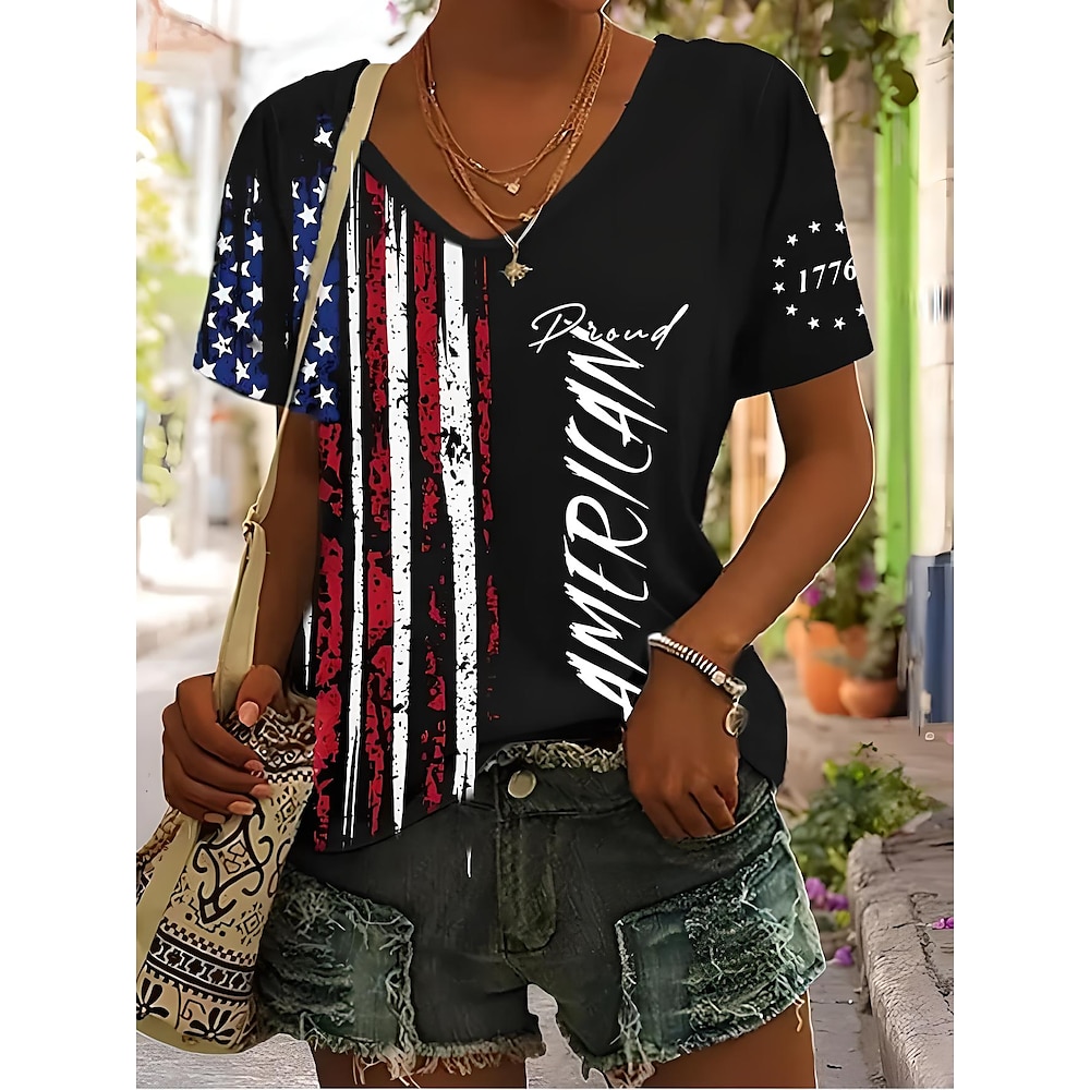 Amerikanischer Unabhängigkeitstag Damen T Shirt Flagge Amerikanische Flagge Nationalflagge Stilvoll Lässig Kurzarm V Ausschnitt Normale Oberteile Täglich Druck Schwarz Sommer Frühling Lightinthebox