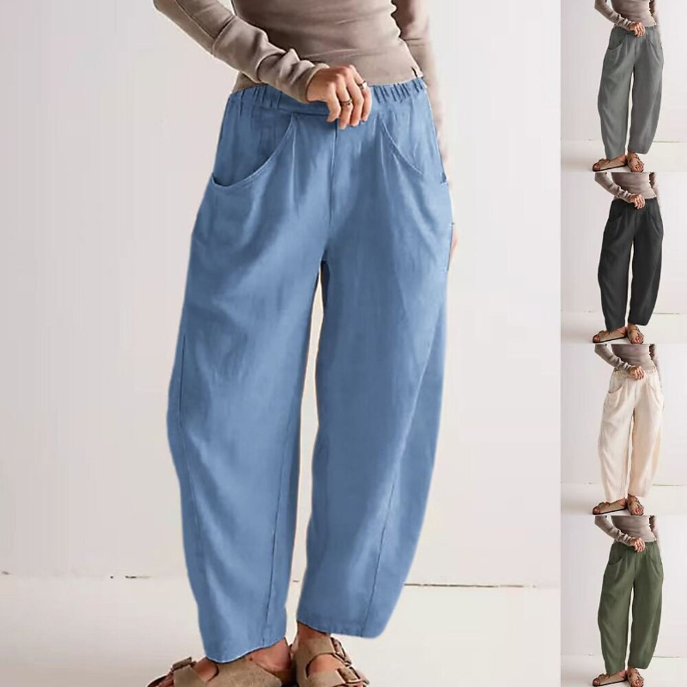 Damen Hose aus Baumwollleinen Stoffhosen Streetwear Lässig Volle Länge Natürliche Taille Einfach Tasche Elastischer Bund Bequem Straße Alltagskleidung Dunkelblau Hellhimmelblau Grau Schwarz Sommer Lightinthebox