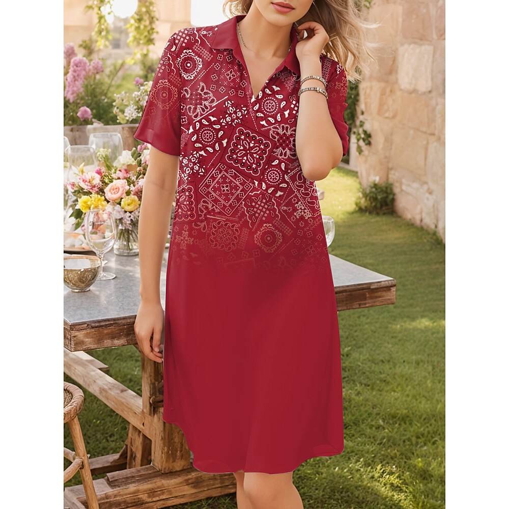 Damen Minikleid Hemdkleid A-Linien Kleid Urlaub Casual Daily Date Regular Fit Ombre Grafik Paisley Kurzarm Hemdkragen Rot Sommer Frühling Lightinthebox