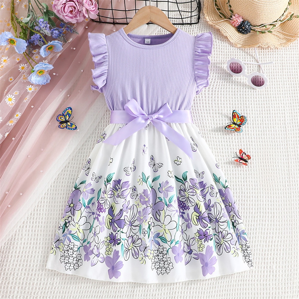 kinderkleidung Mädchen Kleid Blumenkleid Blume Ärmellos Outdoor Casual Rüsche Modisch Täglich Polyester Knielang Casual kleid A Linie Kleid Sommer 4 Jahre Purpur Rosenrot Lightinthebox