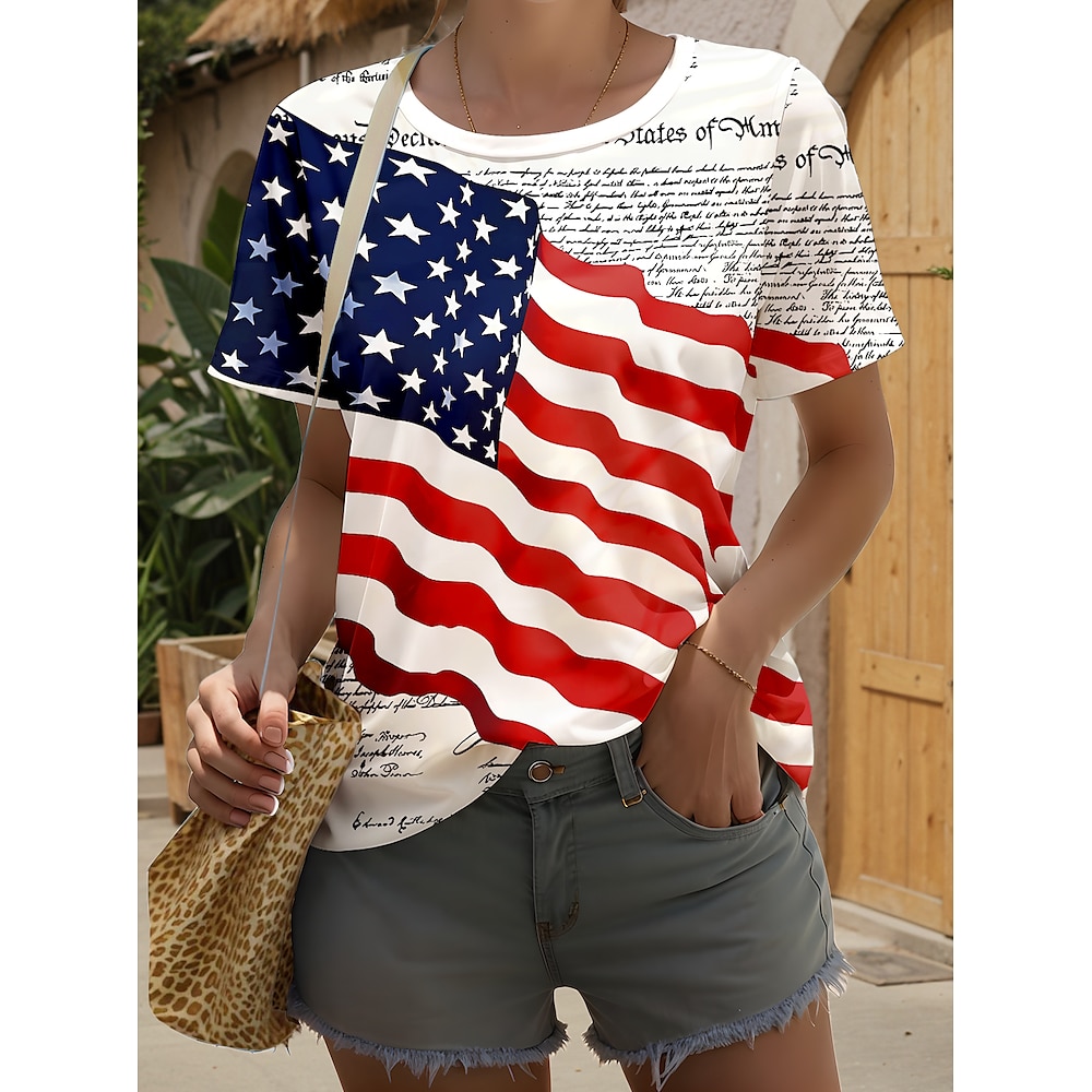 Damen T Shirt Fahne Amerikanische Flagge Nationalflagge Stilvoll Brautkleider schlicht Kurzarm Rundhalsausschnitt Normale Oberteile Täglich Wochenende Bedruckt Rot / Blau Sommer Frühling Lightinthebox