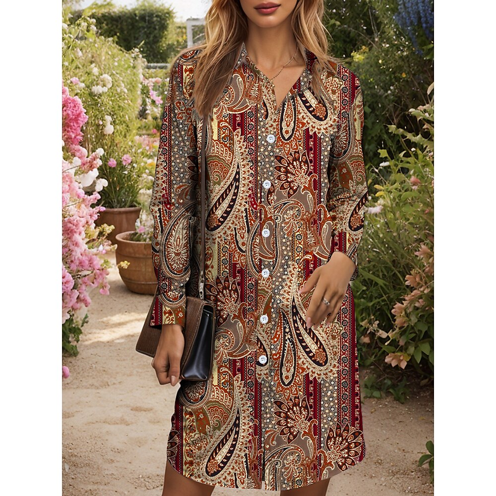 Damen Midikleid Hemdkleid Casual Date Loose Fit Grafik Geometrisch Paisley Langarm Hemdkragen Wein Herbst Winter Lightinthebox