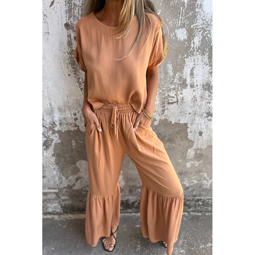 Damen Täglich Bluse Hosen-Sets Kurzarm Rundhalsausschnitt Feste Farbe Kordelzug Täglich Festtage Schwarz Armeegrün Orange Sommer Regular Fit Lightinthebox