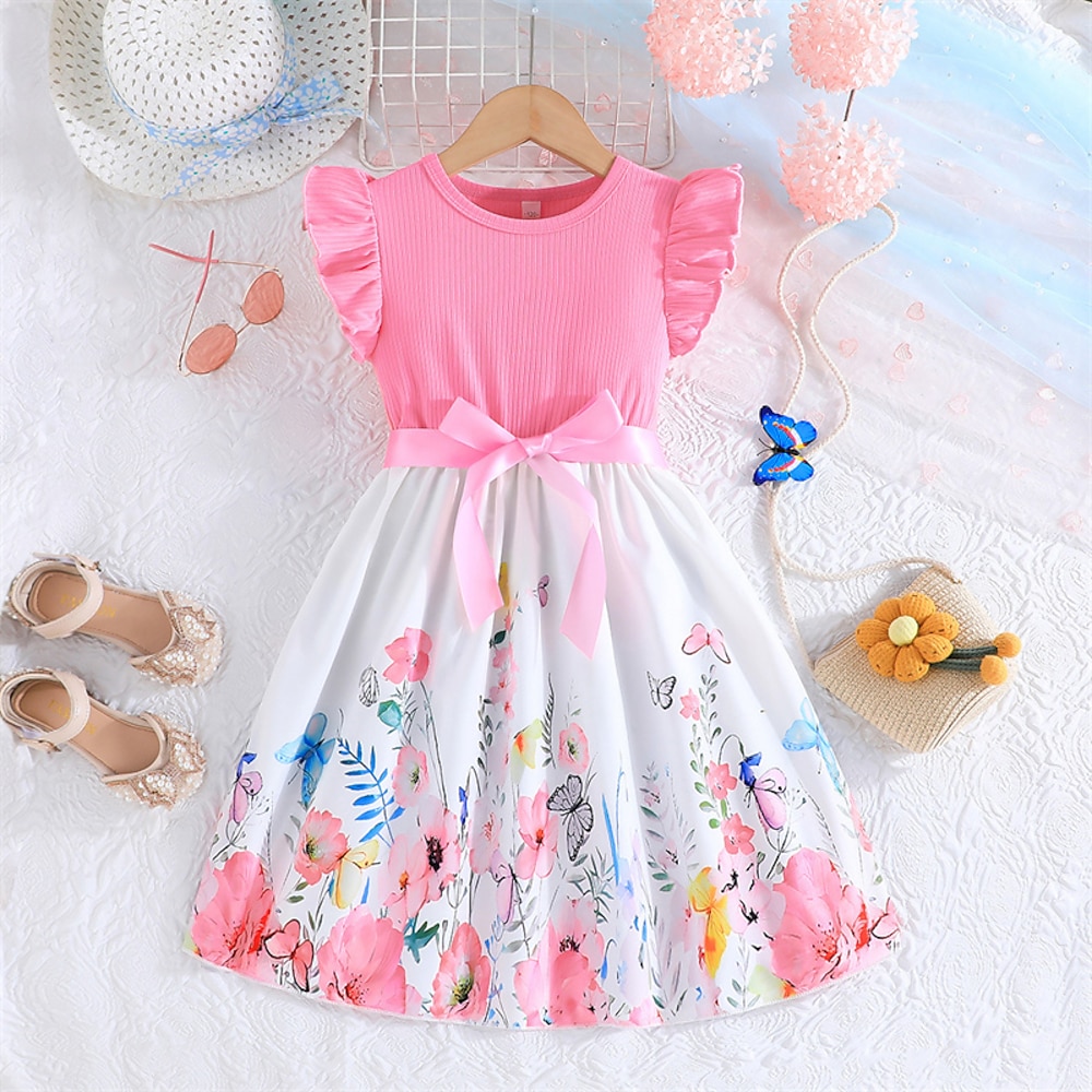 kinderkleidung Mädchen Kleid Blumenkleid Blume Ärmellos Outdoor Casual Rüsche Modisch Täglich Polyester Knielang Casual kleid A Linie Kleid Sommer 4 Jahre Hellrosa Rosa Wein Lightinthebox