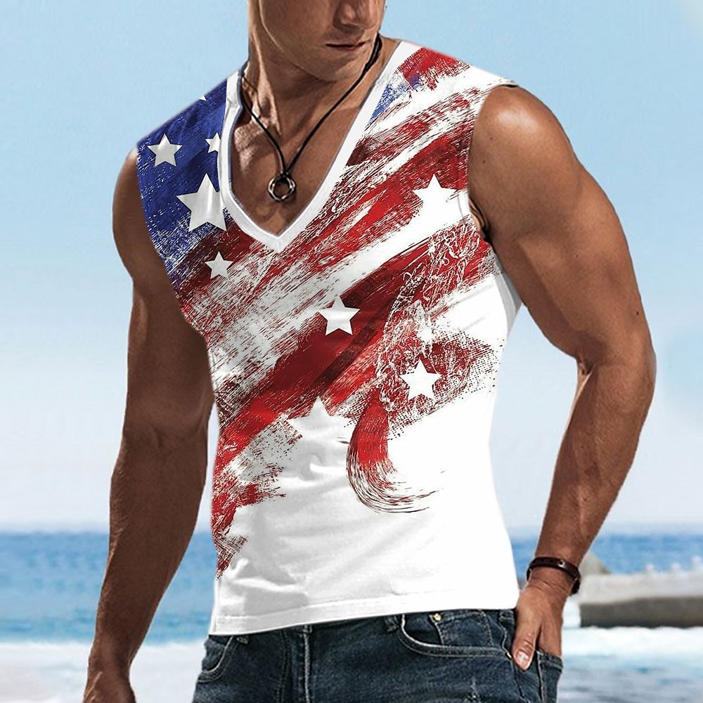 Amerikanischer Unabhängigkeitstag Herren Amerikanische US-Flagge T Shirt Ärmellos T-Shirt 3D-Druck V Ausschnitt Hemd Tropisch Outdoor Urlaub Hawaiianisch Weiß 1 Weiß Sommer Frühling Bekleidung S M L Lightinthebox