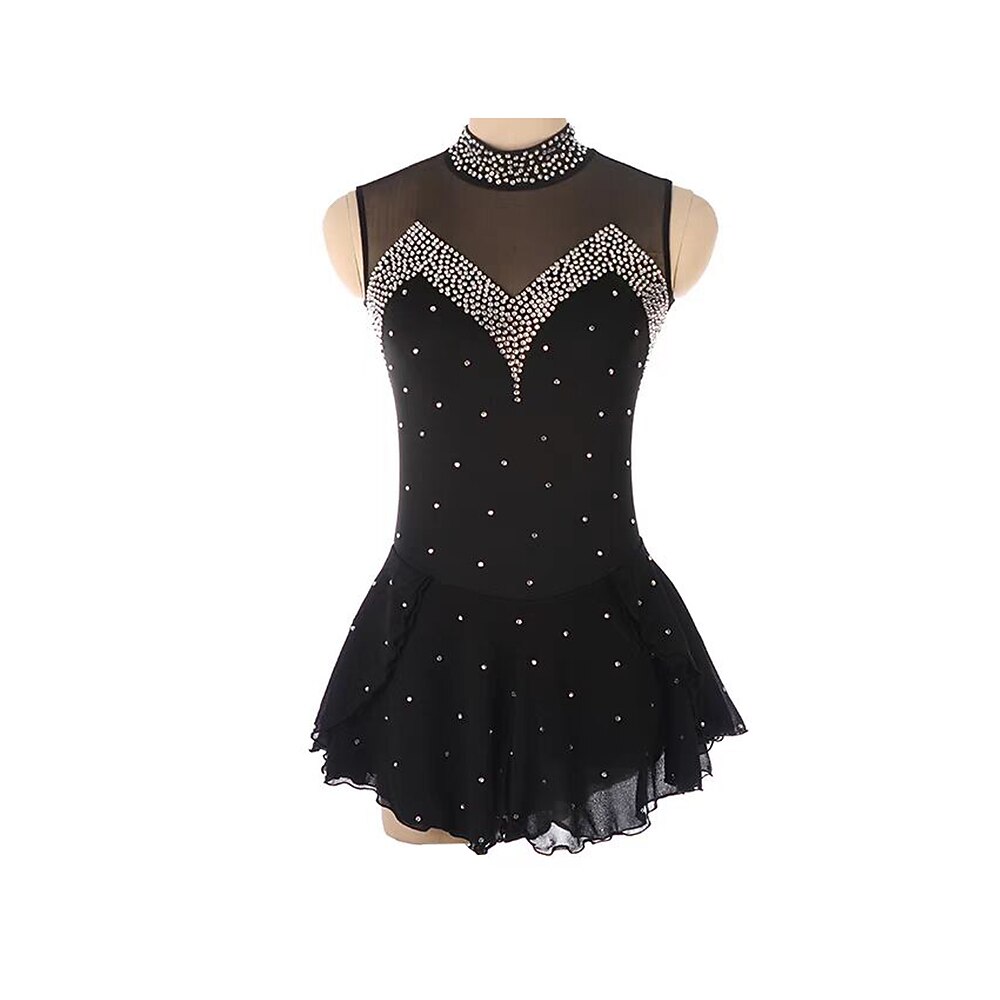Eiskunstlaufkleid Damen Mädchen Eislaufen Kleid Schwarz Patchwork Daumenloch Netzstoff Spandex Dehnbar Training Übung Professionell Eiskunstlaufkleidung Thermowarm Kristall / Strass Langarm Eislaufen Lightinthebox
