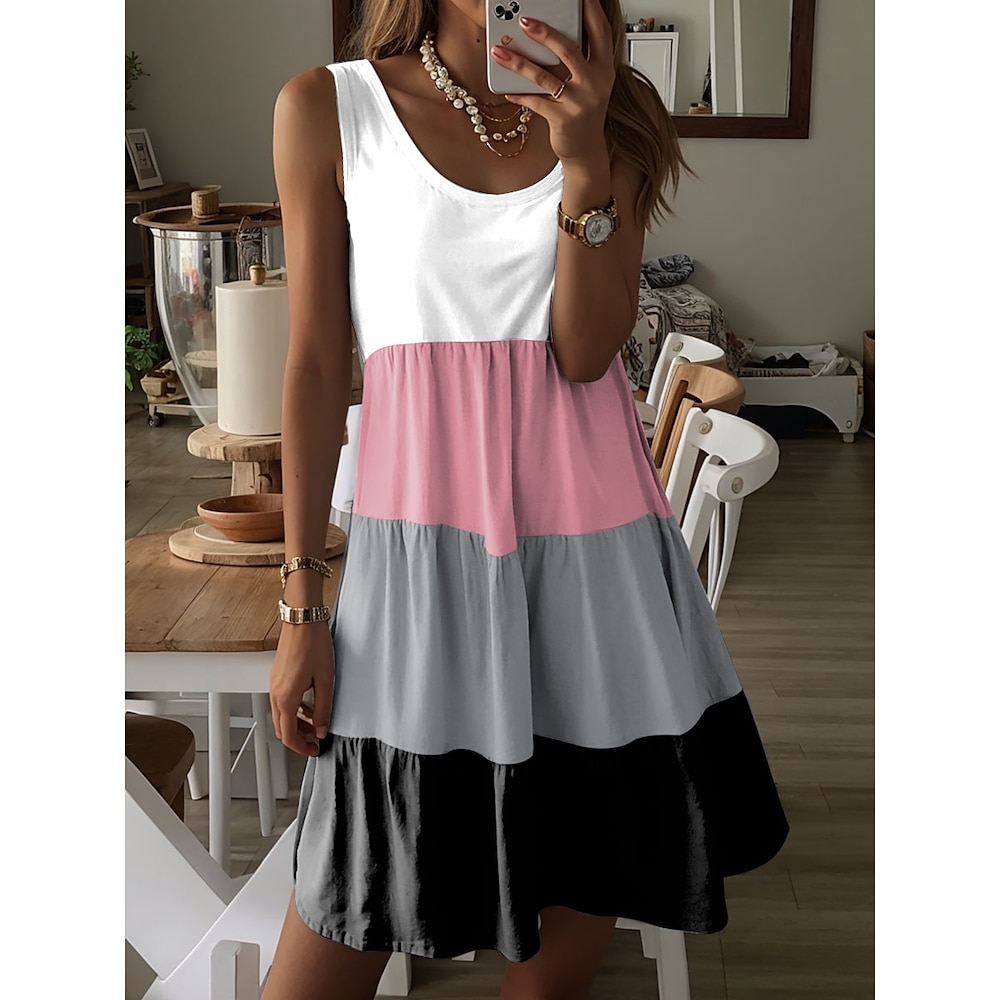 Damen Mini Kleid A-Linie Kleid Freizeitkleid Sommerkleid Elegant Bohemia Urlaub Täglich Urlaub Regulärer Fit Grafisch Color Block Ärmellos Rundhalsausschnitt Pink Sommer Lightinthebox