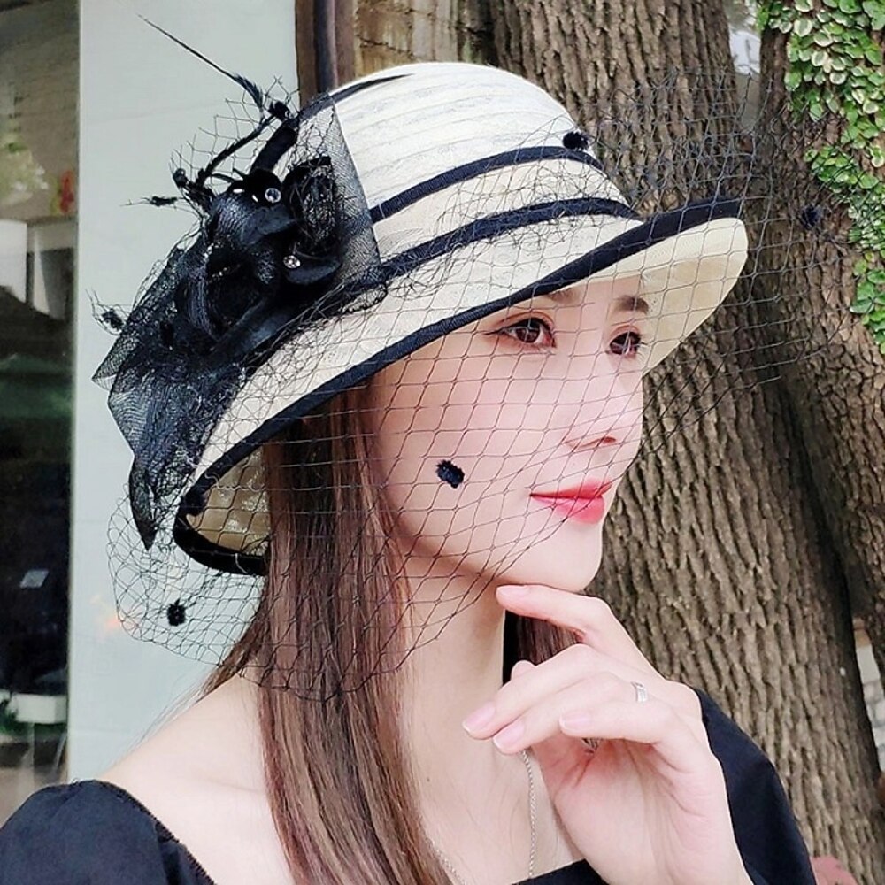 Bowlerhut für Damen mit breiter Krempe, Vintage-Stil, floraler Wollfilz, Fedora, Schlapphut, eleganter Fascinator-Hut mit Schleier, für Damen, Kirche, Party, Eimer Lightinthebox