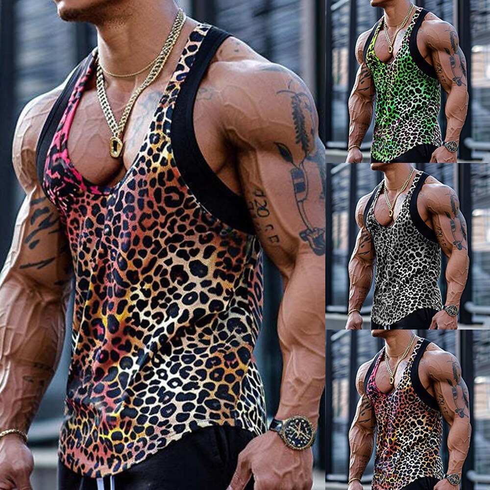 Herren Tank Top Weste Unterhemd Ärmelloses Shirt Ärmellos U-Ausschnitt Sommer Leopard Mode Klassisch Bequem Rundhalsausschnitt Straße Lässig Sport Rote Grün Dunkelgray Top T-Shirt für Herren Lightinthebox