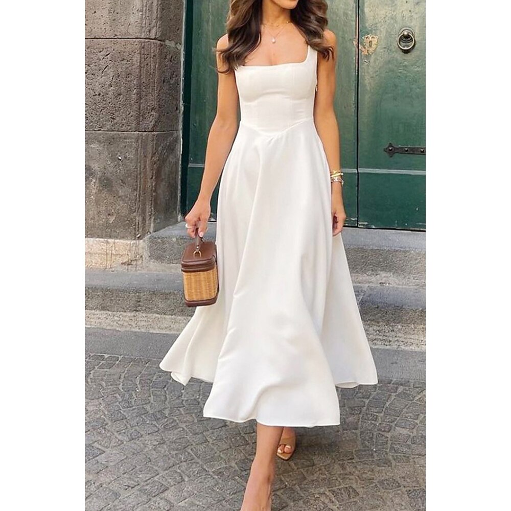 Damen Midikleid Weißes Kleid Abschlusskleid Unterkleid Mode Geburtstag Abschlussfeier Date Normale Passform Einfach Ärmellos Spaghettiträger Schwarz Weiß Sommer Lightinthebox