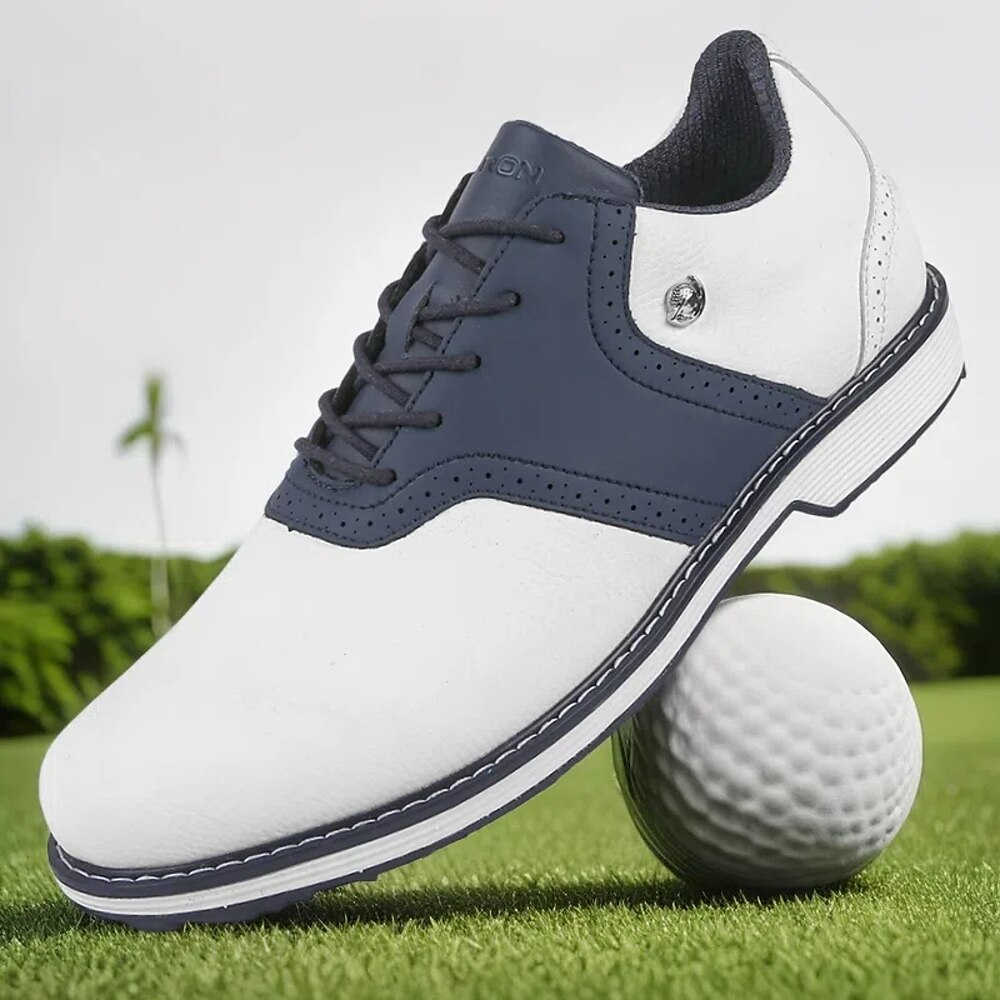 Herren Golfschuhe in zweifarbigem Marineblau und Weiß, zum Schnüren, strapazierfähiges Leder, sportliche Eleganz für den Golfalltag Lightinthebox