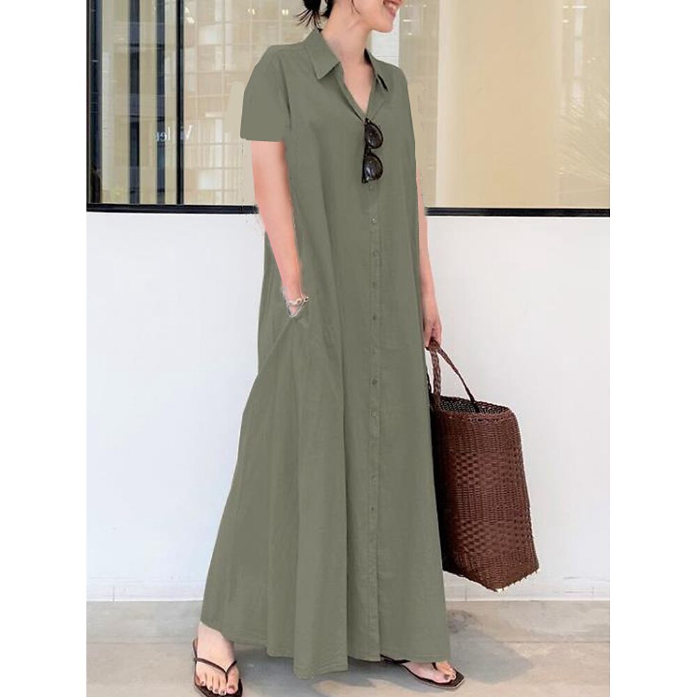 Damen Langes Kleid Maxikleid Leinenkleid Hemdblusenkleid Freizeitkleid Baumwoll-Leinenkleid Elegant Täglich Lässiger Schnitt Einfach Einfarbig Kurzarm Hemdkragen Schwarz Hellgrün Wein Armeegrün Sommer Lightinthebox