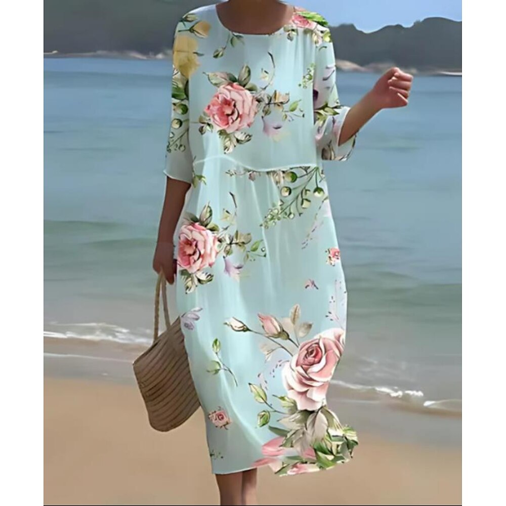 Damen Midikleid Sommerkleid Urlaub Lässig Strand Ausgehen Strand Grafik Dreiviertelarm Rundhalsausschnitt Weiß Rosa Purpur Grün Sommer Frühling Lightinthebox