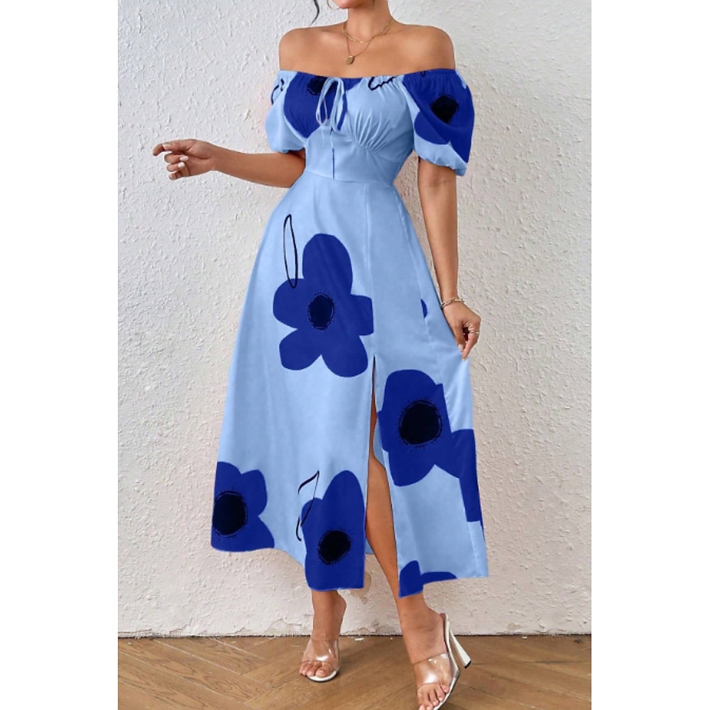 Damen Midikleid Kleid drucken Modisch Täglich Ausgehen Wochenende Regular Fit Blume Kurzarm Schulterfrei Gelb Blau Orange Sommer Lightinthebox