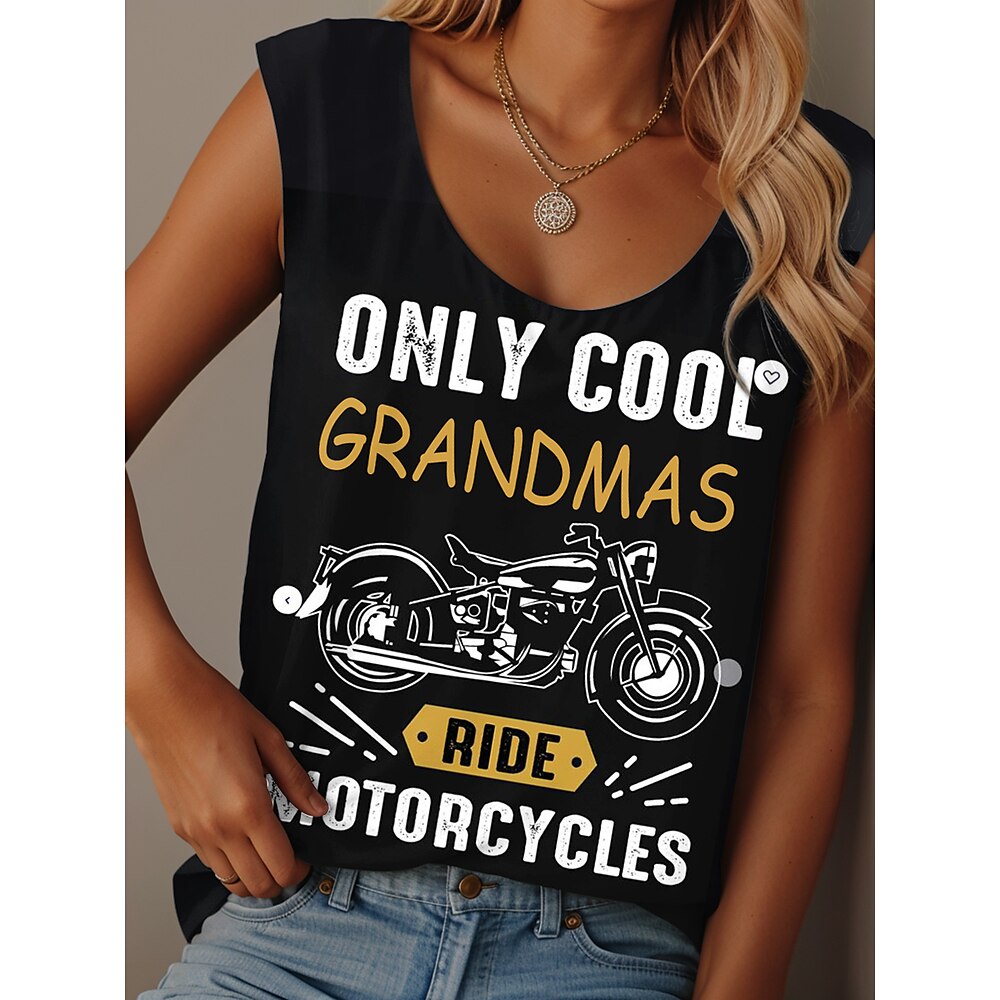 Damen Camisole-Tanktop Grafik Buchstabe Graffiti Lässig Ärmellos Rundhalsausschnitt Normale Oberteile Täglich Druck Schwarz Sommer Grandmas Motorcycle Lightinthebox