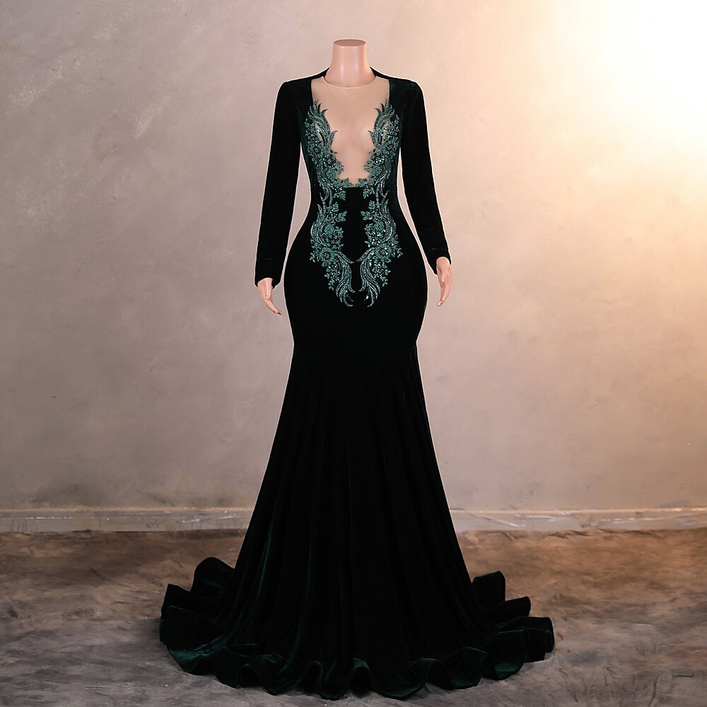 Meerjungfrauenschnitt Abendkleid Elegant Kleid Formell Abschlussball Hofschleppe Langarm Rundhalsausschnitt Samt mit Applikationen 2025 Lightinthebox